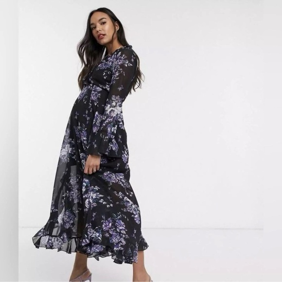 ASOS Black Ruffle Trim Purple Floral Double Front Slit Maxi Dress sz 4 - Picture 10 of 11